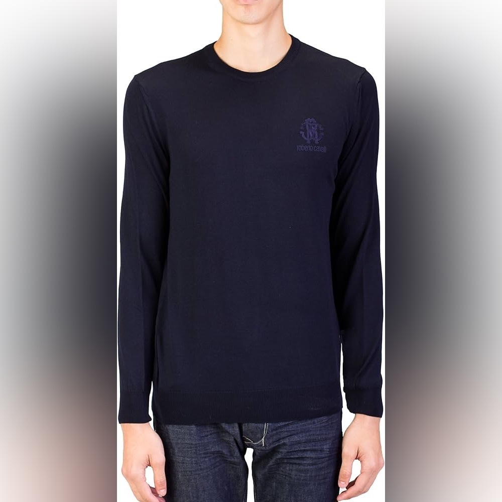 ROBERTO CAVALLI men’s merino wool crew neck pull over blue large euc